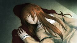 Rule 34 | 1girl, arm strap, blood, brown hair, brown jacket, clenched teeth, closed eyes, collared shirt, fainted, fake death, fingernails, from above, game cg, highres, huke, jacket, jacket partially removed, long hair, lying, makise kurisu, non-web source, official art, on stomach, open mouth, pink lips, pool of blood, purple trim, shadow, shirt, sleeping, sleeves past wrists, solo, spoilers, steins;gate, teeth