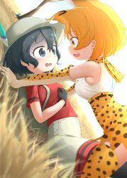 Rule 34 | 2girls, absurdres, all fours, animal print, backlighting, backpack, bag, black eyes, black gloves, black hair, blonde hair, chis (js60216), day, dutch angle, elbow gloves, frown, gloves, grey shorts, hat feather, helmet, high-waist skirt, highres, horizon, kaban (kemono friends), kemono friends, lucky beast (kemono friends), lying, multiple girls, on back, open mouth, orange gloves, orange legwear, orange skirt, outdoors, pith helmet, print gloves, print legwear, print skirt, red shirt, serval (kemono friends), shirt, shorts, skirt, sleeveless, sleeveless shirt, smile, straddling, t-shirt, thighhighs, tree, wavy hair, white shirt, yellow eyes