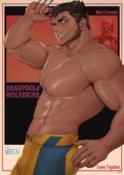 1boy abs absurdres bara claw_(weapon) copyright_name deadpool deadpool_&amp;_wolverine deadpool_(series) english_text highres large_pectorals looking_at_viewer male_focus marvel marvel_cinematic_universe mikicat muscular muscular_male navel nipples pants pectorals solo teeth topless_male weapon wolverine_(x-men) yellow_pants