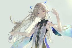 1girl absurdres black_collar black_dress blonde_hair breasts cartethyia_(wuthering_waves) closed_mouth collar commentary crown_of_thorns dress earrings half-closed_eyes hands_up highres jewelry long_hair looking_at_viewer pointy_ears purple_eyes shigureszku small_breasts smile solo tabard tacet_mark_(wuthering_waves) upper_body very_long_hair white_tabard wuthering_waves