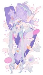 1girl absurdres animal_ear_fluff animal_ears ankle_cuffs barefoot bib_collar blush bow cat_ears cat_girl cat_tail checkerboard_cookie cloud coffin commentary cookie dated_commentary dress fang food frilled_dress frilled_sleeves frills full_body hair_ribbon highres long_hair long_sleeves nail_polish open_mouth orange_bow orange_nails original ozureiji petticoat pink_bow pink_eyes pink_ribbon purple_bow purple_dress purple_nails ribbon sheet_ghost skin_fang solo star_(symbol) symbol-only_commentary tail tail_bow tail_ornament toenail_polish toenails twintails upside-down variant_set very_long_hair white_hair