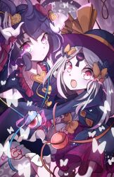 Rule 34 | 2girls, abigail williams (fate), abigail williams (third ascension) (fate), black bow, black dress, black hair, black hat, blush, bow, commentary, cosplay, dress, english commentary, fate/grand order, fate (series), hair bow, hair ornament, hat, heart, heart hair ornament, heart ornament, katsushika hokusai (fate), keyhole, komeiji koishi, komeiji koishi (cosplay), komeiji satori, komeiji satori (cosplay), long hair, looking at viewer, multiple girls, open mouth, pink eyes, short hair, smile, tentacles, the land druid, third eye, touhou, white hair, yellow bow