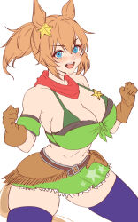 1girl :d animal_ears bandeau bare_shoulders belt bikini bikini_under_clothes blue_eyes breasts brown_belt brown_gloves brown_hair clenched_hands cowboy_shot detached_sleeves gloves green_skirt holster horse_ears horse_girl midriff miniskirt navel open_mouth ponytail purple_thighhighs short_hair short_sleeves simple_background skirt smile solo standing stomach swimsuit taiki_shuttle_(umamusume) teeth thighhighs thighs umamusume upper_teeth_only volyz weapon white_background