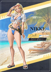 Rule 34 | 1girl, absurdres, bandaid, bandaid on face, bandaid on nose, bikini, blonde hair, blue bikini, blue eyes, breasts, centi (nikke), centi (ocean repair) (nikke), character name, copyright name, draw and erase, earrings, eyewear on head, full body, goddess of victory: nikke, heart, heart-shaped eyewear, highres, jewelry, large breasts, long hair, looking at viewer, navel, necklace, official alternate costume, photo background, see-through clothes, see-through shirt, shirt, sunglasses, swimsuit, tan, tanline, thighs, tied shirt, toolbox, white shirt