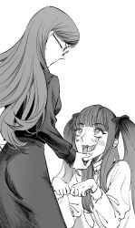 2girls amemiya_darumi black_bow black_dress blush bow collar dress glasses hand_on_another&#039;s_face hands_up heart jacket kkoricat long_dress long_hair long_sleeves looking_at_another looking_up monochrome multicolored_hair multiple_girls open_mouth safety_pin shizuhara_hiruko the_hundred_line_-last_defense_academy- twintails white_background yuri