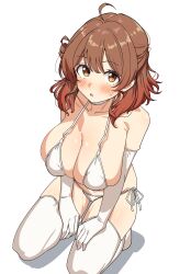 1girl bare_shoulders bikini blush breasts brown_eyes brown_hair choker cleavage collarbone elbow_gloves gakuen_idolmaster gloves hanami_ume highres idolmaster large_breasts looking_at_viewer navel open_mouth revision seihekiog short_hair side-tie_bikini_bottom solo swimsuit thighhighs thighs white_background white_bikini white_choker white_gloves white_thighhighs