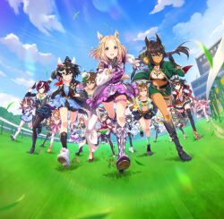6+girls ahoge animal_ears ankle_boots aqua_eyes ascot asymmetrical_gloves bandaid bandaid_on_face bandaid_on_nose belt black_belt black_bow black_bowtie black_footwear black_gloves black_hair black_jacket black_pantyhose black_skirt black_socks black_thighhighs blonde_hair blue_belt blue_eyes blue_jacket blue_necktie blue_skirt blunt_bangs boots bow bowtie breasts brown_ascot brown_eyes brown_footwear brown_hair buttons cape cleavage collarbone collared_shirt colored_inner_hair crown daring_tact_(umamusume) dark-skinned_female dark_skin detached_sleeves double-breasted ear_covers ear_piercing earrings epaulettes eyepatch frilled_shirt frills gloves grass green_eyes green_jacket green_shorts green_skirt green_socks hair_between_eyes hair_bow hair_flaps hair_over_one_eye hair_ribbon hairband hat high_ponytail highres hime_cut horse_ears horse_girl horse_racing_track horse_tail horseshoe_ornament jacket jewelry jungle_pocket_(umamusume) katsuragi_ace_(umamusume) key_visual kitasan_black_(umamusume) knee_boots long_hair long_sleeves manhattan_cafe_(umamusume) medium_breasts midriff mini_crown mini_hat mini_top_hat miniskirt mismatched_gloves mr._c.b._(umamusume) multicolored_hair multicolored_jacket multiple_girls narita_brian_(umamusume) narita_top_road_(umamusume) navel necktie neo_universe_(umamusume) official_art open_mouth orange_hair pants pantyhose parted_bangs piercing pink_ascot pink_bow pleated_skirt ponytail promotional_art purple_eyes purple_footwear purple_hair purple_shorts red_cape red_eyes red_gloves red_ribbon ribbon running sakura_laurel_(umamusume) satono_crown_(umamusume) satono_diamond_(umamusume) shirt short_hair short_sleeves shorts silence_suzuka_(umamusume) single_earring single_epaulette skirt sleeves_past_fingers sleeves_past_wrists small_breasts socks special_week_(umamusume) streaked_hair symboli_kris_s_(umamusume) symboli_rudolf_(umamusume) t.m._opera_o_(umamusume) tail tanino_gimlet_(umamusume) tap_dance_city_(umamusume) thighhighs tokai_teio_(umamusume) top_hat two-tone_hair two-tone_jacket two-tone_skirt umamusume wavy_hair white_ascot white_footwear white_gloves white_hair white_hairband white_headwear white_jacket white_pants white_shirt white_skirt white_thighhighs wide_sleeves yellow_eyes yellow_shirt