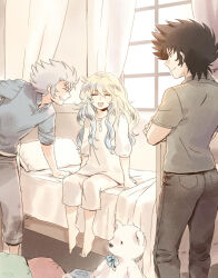 3boys ^_^ alternate_costume black_hair blonde_hair blue_hair blue_shirt cancer_death_mask capricorn_shura casual closed_eyes collared_shirt colored_tips crossed_arms curtains facing_viewer full_body gradient_hair green_shirt grin happy long_hair male_focus mizuhara_aki mole mole_under_eye monochrome multicolored_hair multiple_boys on_bed open_mouth pajamas pisces_aphrodite saint_seiya shirt short_hair sitting smile spiked_hair stuffed_animal stuffed_toy teddy_bear trap two-tone_hair window
