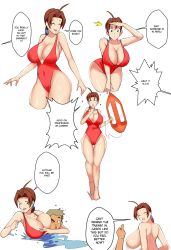 Rule 34 | 1girl, 2boys, bare legs, barefoot, bouncing breasts, breast press, breasts, brown eyes, brown hair, cleavage, curvy, delia ketchum, english text, face to breasts, grabbing from behind, hand on own hip, highleg, highleg one-piece swimsuit, highres, large breasts, lifeguard, long hair, looking at another, looking at viewer, low ponytail, mangakay84, multiple boys, multiple views, nintendo, one-piece swimsuit, pokemon, pokemon (anime), pokemon (classic anime), ponytail, red one-piece swimsuit, professor oak, sequential, shiny skin, short hair, simple background, skindentation, smile, swimming, swimsuit, thighs, white background, wide hips