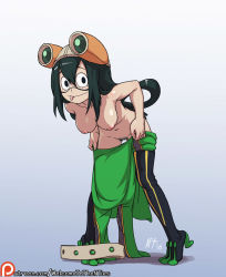 10s 1girl :p asui_tsuyu bad_id bad_tumblr_id bent_over black_hair bodysuit boku_no_hero_academia breasts dressing eyelashes female_focus female_pubic_hair full_body goggles goggles_on_head hair_between_eyes hair_rings hanging_breasts inverted_nipples leaning_forward long_hair looking_at_viewer low-tied_long_hair navel nipples no_panties noise_tanker patreon patreon_username pubic_hair simple_background solo tongue tongue_out topless_female uncensored undressing watermark web_address