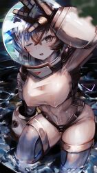 1girl absurdres breasts brown_eyes brown_hair cleavage commentary_request covered_erect_nipples covered_navel cowboy_shot eyelashes hair_between_eyes hand_to_forehead helmet highres in_water large_breasts looking_at_viewer nipples one_eye_closed open_mouth original science_fiction see-through_clothes short_hair skindentation soleil_(soleilmtfbwy03) solo space_helmet spacesuit teeth thick_thighs thighs tongue upper_teeth_only wet