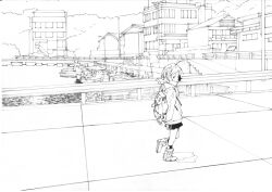 1girl absurdres backpack bag boots bridge building expressionless gagaimo greyscale highres jacket lineart monochrome original outdoors scarf scenery short_hair skirt solo town traditional_media water