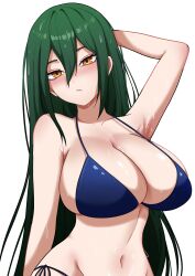 1girl arm_up armpits arms_behind_head arms_up bikini blush breasts cleavage collarbone crusch_karsten green_hair hair_between_eyes huge_breasts long_hair looking_at_viewer meowdeer midriff re:zero_kara_hajimeru_isekai_seikatsu swimsuit wet wet_hair white_background wide_hips yellow_eyes
