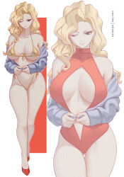 1girl absurdres bikini black_eyes blonde_hair breasts closed_mouth commentary covered_erect_nipples earrings english_commentary forehead full_body gold_bikini golden_boy highres jewelry large_breasts long_hair melowh one_eye_closed onna_shachou patreon_username red_background red_shoes shoes side-tie_bikini_bottom smile standing swimsuit thighs two-tone_background white_background