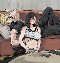 ... 1boy 1girl arm_behind_head arm_up bare_arms bare_shoulders black_hair black_pants black_skirt black_sports_bra black_thighhighs blonde_hair blush breasts closed_eyes closed_mouth cloud_strife collarbone commentary couch couple crop_top cup earrings english_commentary final_fantasy final_fantasy_vii final_fantasy_vii_remake grabbing_another&#039;s_breast grabbing_from_behind groping highres holding holding_cup indoors jewelry knee_up large_breasts long_hair lying midriff morgengischt navel no_shoes on_back on_couch pants pillow ribbed_sweater short_hair single_earring sitting skirt sleeping sleeveless sleeveless_turtleneck spiked_hair spoken_ellipsis sports_bra sweater swept_bangs tank_top thighhighs tifa_lockhart turtleneck turtleneck_sweater watching_television white_tank_top yokozuwari zzz
