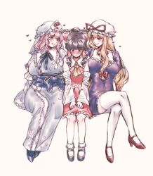 blonde_hair blue_kimono blush bow breasts brown_hair bulge choker dress erection erection_under_clothes frilled_kimono frills futanari hair_bow hakurei_reimu hat hat_ribbon heart hitodama japanese_clothes kimono long_hair long_sleeves mob_cap multiple_girls open_mouth orz_(kagewaka) pink_eyes pink_hair purple_dress purple_eyes purple_tabard red_eyes ribbon ribbon_choker saigyouji_yuyuko short_hair sleeve_garter smile tabard touhou triangular_headpiece wide_sleeves yakumo_yukari
