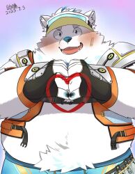 1boy animal_ears assist_victory bandaid bandaid_on_cheek bandaid_on_face belly blue_male_swimwear blue_shorts blush dated dog_boy dog_ears dog_nose fat fat_man fingerless_gloves furry furry_male gloves goggles goggles_on_headwear hashtag-only_commentary heart heart_hands life_vest live_a_hero looking_at_viewer male_focus male_swimwear multicolored_hair official_alternate_costume open_mouth shorts signature smile streaked_hair visor_cap white_fur yohack