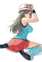 1girl ariekochan ass blue_shirt breasts brown_eyes brown_hair bucket_hat closed_mouth hat large_breasts leaf_(pokemon) long_hair looking_at_viewer loose_socks nintendo pokemon pokemon_frlg porkpie_hat red_skirt shirt sideboob skirt sleeveless sleeveless_shirt socks solo white_hat wristband