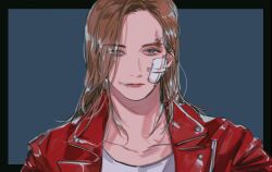 1boy bandaid bandaid_on_face black_border blood blood_on_face border brown_hair closed_mouth commentary jacket jeonghan_(seventeen) k-pop male_focus medium_hair pearl8 real_life red_jacket seventeen_(group) shirt simple_background single_bang solo song_name white_shirt