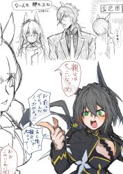 4girls absurdres angry animal_ears black_capelet black_hair blunt_bangs bow braid capelet commentary_request cosplay crown_braid death_flag don&#039;t_you_ever_stop_(meme) ear_bow ears_through_headwear emphasis_lines formal_clothes gold_ship_(umamusume) gold_trim green_eyes gundam gundam_tekketsu_no_orphans hair_between_eyes headgear height_envy highres horse_ears horse_girl kin&#039;iro_ryotei_(umamusume) long_hair long_sleeves looking_down low_ponytail maromaron_taitei mask meme mouth_mask multiple_girls nakayama_festa_(umamusume) necktie nervous_sweating open_mouth orfevre_(old_design)_(umamusume) orga_itsuka orga_itsuka_(cosplay) parody partially_colored ponytail ptsd size_difference sketch source_quote_parody speech_bubble style_parody suit sweat thought_bubble translation_request turning_head umamusume upper_body