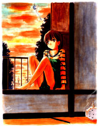 1girl arm_support artist_name bad_id bare_legs barefoot brown_eyes brown_hair cloud dress earrings fate/stay_night fate_(series) feet female_focus fujimura_taiga full_body green_dress horizontal-striped_clothes jas_(littlecrime) jewelry kayari_buta knees_up legs light_smile looking_away looking_to_the_side neck red_clouds shirt shirt_under_dress short_hair signature sitting sky smile smoke smoke_trail solo striped_clothes striped_shirt stud_earrings sunset tatami veranda wind_chime