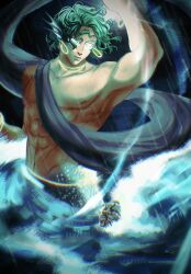 1boy abs arm_up blue_robe bracelet cove_holden dark earrings empty_eyes fins glowing glowing_eyes green_hair head_fins highres hoop_earrings jewelry male_focus mermaid monster_girl muscular muscular_male necklace nipples ocean our_life our_life:_beginnings_and_always pectorals rain robe scar scar_on_arm ship short_hair size_difference solo storm toned toned_male uwausagiii watercraft wavy_hair white_eyes
