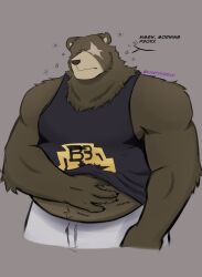 1boy animal_ears artist_name bara bear_boy bear_ears belly ben_bigger biceps black_tank_top brown_fur claws closed_mouth clothes_lift commentary english_commentary english_text furry furry_male hand_on_own_stomach highres kantoxbear male_focus muscular muscular_male notched_ear one_eye_closed pants plump scar scar_across_eye scar_on_face shirt_lift sleepy speech_bubble squeans tank_top twitter_username upper_body white_pants zenless_zone_zero