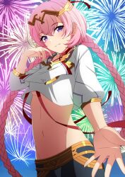Rule 34 | 1girl, aerial fireworks, braid, breasts, choker, circlet, crop top, crop top overhang, epic seven, fireworks, gold trim, grin, hand up, long hair, looking at viewer, midriff, navel, outstretched arm, pink hair, purple eyes, red choker, rin ateria, shirt, small breasts, smile, solo, stomach, tenebria (epic seven), twin braids, twintails, underboob, upper body, very long hair, white shirt