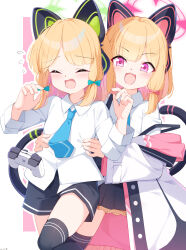 2girls :3 :d ^_^ absurdres animal_ear_headphones animal_ears black_shorts black_skirt black_tail black_thighhighs blonde_hair blue_archive blue_necktie blush border bow buttons cat_ear_headphones cat_ears cat_tail chinese_commentary closed_eyes collared_shirt commentary_request controller curled_fingers dropping fake_animal_ears fake_tail feet_out_of_frame flat_chest flying_sweatdrops frilled_jacket frilled_skirt frills game_controller grabbing_from_behind green_bow green_halo hair_bow halo hands_on_another&#039;s_hips hands_up headphones highres jacket leg_up long_sleeves looking_at_viewer low-tied_sidelocks making-of_available medium_hair midori_(blue_archive) millennium_science_school_logo momoi_(blue_archive) multicolored_jacket multiple_girls necktie no_jacket off_shoulder open_clothes open_jacket open_mouth outline outside_border painter-lhb pink_background pink_bow pink_eyes pink_halo pink_jacket pleated_skirt raised_inner_eyebrows shirt short_shorts shorts siblings sidelocks simple_background sisters skindentation skirt smile standing suspender_skirt suspenders suspenders_slip tail tail_raised tareme teeth thighhighs torso_grab twins two-sided_fabric two-sided_jacket untucked_shirt upper_teeth_only v-shaped_eyebrows white_border white_jacket white_outline white_shirt wide_sleeves zettai_ryouiki