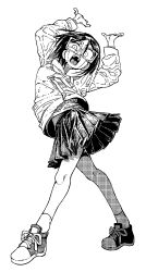 1girl absurdres arms_up bandage_on_face bandages blupixl constricted_pupils crazy_eyes crossed_legs dithering dynamic_pose full_body hena_(blupixl) highres hood hoodie monochrome open_mouth original pleated_skirt rectangular_eyewear skirt solo teeth upper_teeth_only white_background white_hoodie