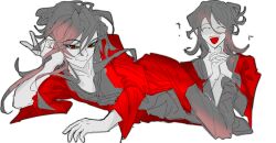 2boys ^_^ black_hair black_hanfu chinese_clothes closed_eyes coat dao_gui_yi_xian extra_pupils green_eyes hair_between_eyes hair_bun half_updo hand_on_own_cheek hand_on_own_face hanfu head_rest highres hong_zhong_(illusory) interlocked_fingers li_huowang limited_palette long_hair lying male_focus messy_hair monochrome multiple_boys on_side open_mouth own_hands_clasped own_hands_together red_coat red_eyes renjianshitou simple_background single_hair_bun smile spot_color sweat v white_background