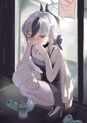 1girl absurdres bad_anatomy bad_leg beer_can black_choker black_dress black_hair black_horns blue_archive blush breasts can choker demon_horns dress drink_can grey_halo grey_jacket halo high_heels highres horns jacket kayoko_(blue_archive) kayoko_(dress)_(blue_archive) looking_at_viewer multicolored_hair official_alternate_costume red_eyes reiami small_breasts solo squatting squeans studded_choker tipsy two-tone_hair white_hair
