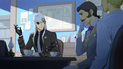 Rule 34 | 3boys, absurdres, ace attorney, albert harebrayne, arm belt, belt, black belt, black gloves, black hair, black shirt, blonde hair, book, bookshelf, bow, bowtie, bright pupils, center frills, chair, collared shirt, commentary, cup, desk, english commentary, enoch drebber, facial hair, finger to own chin, frills, gear hair ornament, gloves, grey eyes, grey jacket, hair between eyes, hair slicked back, hand on table, hand up, highres, indoors, jacket, lab coat, lamp, lapels, long hair, long sidelocks, long sleeves, looking at another, male focus, map (object), mole, mole under mouth, monocle, multiple boys, mustache, necktie, notched lapels, odie asman, on chair, parted lips, picture frame, poster (object), purple bow, purple bowtie, saucer, shirt, short hair, sidelocks, sitting, swept bangs, teacup, the great ace attorney, the great ace attorney 2: resolve, upper body, wciyai, white gloves, white hair, white necktie, white pupils, wing collar