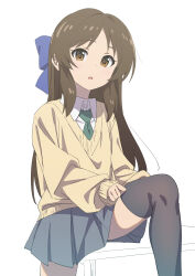 1girl absurdres blush brown_eyes brown_hair collared_shirt commentary_request dressing expressionless highres idolmaster idolmaster_cinderella_girls long_hair looking_at_viewer necktie open_mouth papiyon1297 school_uniform shirt skirt solo sweater tachibana_arisu thighhighs zettai_ryouiki