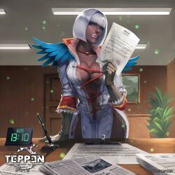 1girl blue_eyes bob_cut breasts capcom cleavage clock collar dark-skinned_female dark_skin desk devil_may_cry devil_may_cry_(series) devil_may_cry_4 digital_clock door gloria_(devil_may_cry) gloves highres lipstick_mark looking_at_viewer office official_art paper pen photo_(object) pink_lips plant potted_plant pov revealing_clothes shadow shiyuu_(shiyu) short_hair teppen white_hair