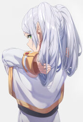 1girl arms_up capelet closed_mouth commentary dress elf frieren from_behind green_eyes highres holding holding_own_hair long_hair long_sleeves looking_at_viewer parted_bangs pointy_ears reulem simple_background solo sousou_no_frieren twintails upper_body white_background white_capelet white_dress white_hair