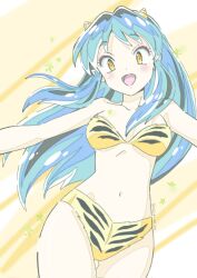 1girl :d animal_print bikini blue_hair breasts collarbone corrupted_twitter_file cowboy_shot eyeshadow gluteal_fold highres horns long_hair looking_at_viewer lum makeup medium_breasts open_mouth pointy_ears smile solo standing strapless strapless_bikini sugimoto_miho swimsuit tiger_print urusei_yatsura yellow_bikini yellow_eyes