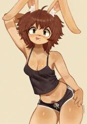 1girl :p ahoge animal_ears armpits black_shirt black_shorts brown_background brown_hair commentary cowboy_shot crop_top female_pubic_hair furry furry_female gatoasti highres leaning_forward medium_hair navel original pubic_hair rabbit_ears rabbit_girl rabbit_tail shiny_skin shirt shorts simple_background solo stomach tail tongue tongue_out