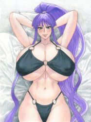 1girl absurdres arms_behind_head arms_up bikini black_bikini breasts cleavage eiken gigantic_breasts highleg highleg_bikini highres long_hair lying misono_kirika navel o-ring o-ring_bikini o-ring_bottom o-ring_top on_back ponytail purple_eyes purple_hair redmaiden sidelocks swimsuit thighs traditional_media very_long_hair