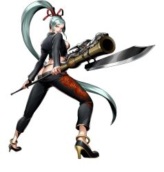 1girl ass looking_at_viewer lowleg lowleg_pants metal_slug metal_slug_attack miharu_(metal_slug) official_art pants smile snk thong weapon