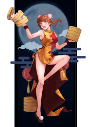 1girl :d alternate_costume bamboo_steamer bare_legs black_background black_shoes braid breasts brown_hair bun_cover bunny_bunny_(reverse:1999) china_dress chinese_clothes cloud double_bun dress egasumi flats food full_body full_moon green_eyes hair_bun hands_up hayde_ink highres holding_bamboo_steamer lantern leg_up long_dress long_hair looking_to_the_side medium_breasts moon open_mouth outside_border paper_lantern pillarboxed pom_pom_footwear red_dress reverse:1999 shoes side_slit sleeveless sleeveless_dress smile solo standing standing_on_one_leg steamed_bun teeth two-tone_dress upper_teeth_only yellow_dress