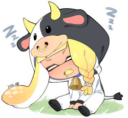 1girl animal_costume animal_ears bell blonde_hair blue_choker blush braid chibi chibi_only choker closed_eyes colored_tongue commentary cow_costume cow_ears cow_horns cow_tail dark-skinned_female dark_skin drooling eyebrow_cut fake_animal_ears fake_horns fake_tail fang full_body highres hood hood_up horns inkling inkling_girl inkling_player_character long_hair minamidena mouth_drool neck_bell nintendo no_nose open_mouth single_braid sitting sleeping sleeping_upright solo splatoon_(series) splatoon_3 symbol-only_commentary tail tentacle_hair white_background yellow_tongue zzz