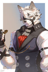 1boy animal_ears arm_behind_back artist_name ascot bicep_strap black_gloves chinese_commentary closed_mouth colored_tips commentary commentary_request english_commentary eyepatch fingerless_gloves furry furry_male gloves grey_vest holding holding_pocket_watch looking_at_viewer male_focus mixed-language_commentary multicolored_hair one_eye_covered otanpaint pocket_watch red_ascot red_eyes shirt sleeves_rolled_up smile vest von_lycaon watch white_shirt wolf_boy wolf_ears zenless_zone_zero