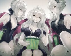 3girls artoria_pendragon_(fate) artoria_pendragon_(lancer_alter)_(fate) ayamatazu bad_id bad_pixiv_id bare_shoulders black_dress breasts cleavage clenched_teeth dress fate/grand_order fate_(series) food food_in_mouth jeanne_d&#039;arc_(fate) jeanne_d&#039;arc_(ruler)_(fate) jeanne_d&#039;arc_alter_(avenger)_(fate) jeanne_d&#039;arc_alter_(fate) long_hair looking_at_viewer medium_breasts multiple_girls pale_skin pocky popcorn saber_(fate) saber_alter sideboob silver_hair sleeveless teeth trait_connection yellow_eyes