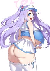 1girl :d absurdres areola_slip ass bare_shoulders blue_archive blue_eyes blush breasts cheerleader crop_top curvy from_behind hair_ornament halo hanae_(blue_archive) hanae_(cheer_squad)_(blue_archive) heart heart_halo heart_sticker highres huge_breasts long_hair looking_at_viewer looking_back miniskirt no_bra no_panties noe_(ppppriver) open_mouth pleated_skirt purple_hair simple_background skirt smile solo standing sticker_on_face sweat thick_thighs thighhighs thighs two_side_up underboob very_long_hair visor_cap white_background white_skirt wide_hips