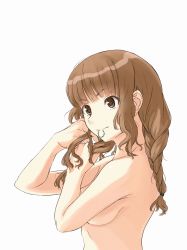 1girl absurdres adjusting_hair braid breasts brown_eyes brown_hair highres irodori-classical kimi_kiss long_hair mizusawa_mao mouth_hold nude sideboob simple_background solo twin_braids upper_body white_background