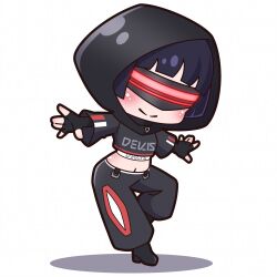 1girl absurdres black_boots black_gloves black_hair black_hoodie black_pants blush boots character_request chibi closed_mouth commentary_request crop_top facing_viewer fingerless_gloves full_body gloves head-mounted_display high_heel_boots high_heels highres hololive hood hood_up hoodie long_sleeves midriff navel pants regloss_(hololive) saishosaisekojo shadow simple_background smile solo standing standing_on_one_leg white_background