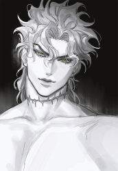 1boy broad_shoulders bustersiri closed_mouth commentary_request curtained_hair dio_brando eyelashes greyscale highres jojo_no_kimyou_na_bouken looking_at_viewer male_focus monochrome nude scar scar_on_neck solo spot_color stardust_crusaders upper_body wavy_hair yellow_eyes
