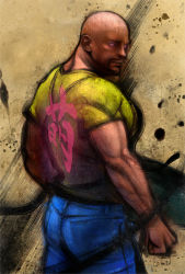 1boy bald capcom denim from_behind glowing glowing_eyes highres jeans looking_back male_focus neo-stalker pants parody pink_eyes shun_goku_satsu solo standing steins;gate street_fighter street_fighter_iv_(series) style_parody tennouji_yuugo