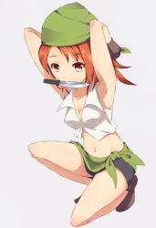 1990s_(style) 1girl adjusting_hair arms_up bandana breasts dueldugger female_focus final_fantasy final_fantasy_iii full_body gloves knife long_hair matching_hair/eyes midriff miniskirt mouth_hold orange_eyes orange_hair refia skirt solo squatting white_background